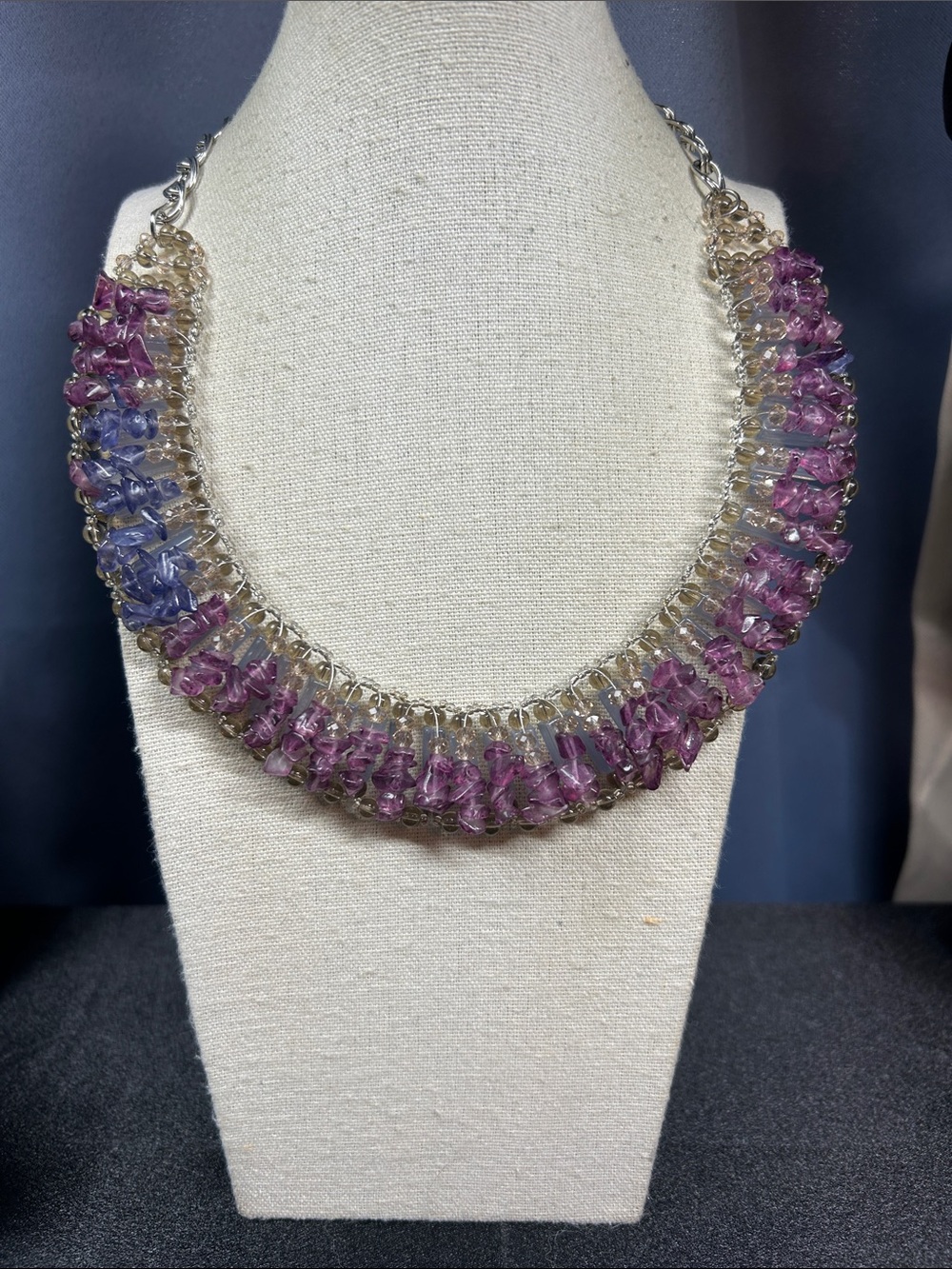 Vintage Talbots Couture Purple Gemstone Chip Statement Bib Necklace